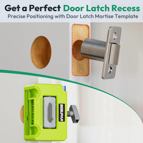 Door Latch Mortise Template Kit With Non Marking Clamp And Precision Depth Gauge Router Jig For 1-3/8 And 1-3/4 Inch Doors aligned on a door.