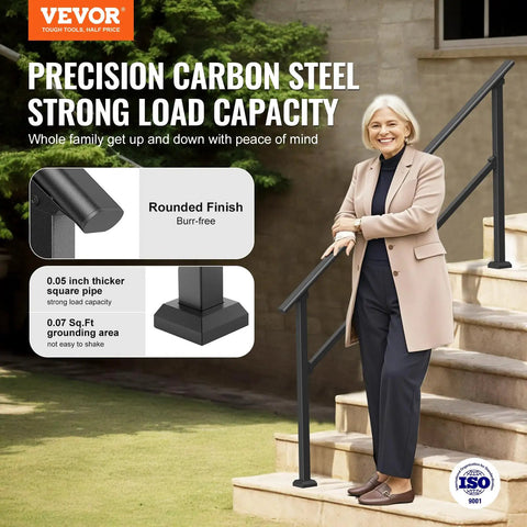 Woman using Five Step Outdoor Stair Hand Rail Kit for Concrete Steps and Porches, Heavy Duty Carbon Steel Rails With Installation Kit.
