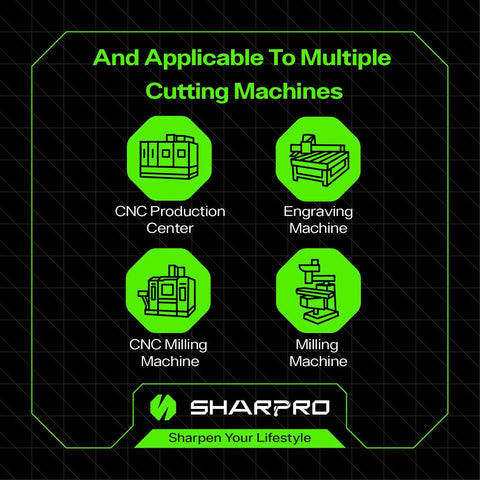 Infographic showing four types of cutting machines: CNC Production Center, Engraving Machine, CNC Milling Machine, Milling Machine