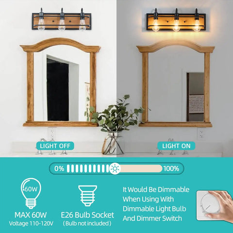 Rustic Three Light Vanity Fixture With Industrial Black Finish And Faux Wood Back Panel in bathroom setting, light on and off