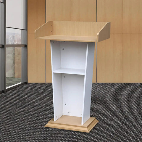 Premium Rolling Lectern And Portable Wooden Mobile Podium Featuring Locking Casters For Rolls Like A Dream in sleek office setting.
