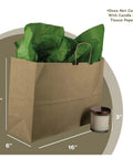 Go-To Heavy-Duty Kraft Paper Gift Bags In Brown With Reinforced Block Bottom, shown with dimensions and green tissue paper, 16x6x13 inches.