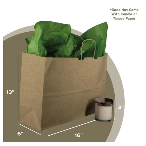 Go-To Heavy-Duty Kraft Paper Gift Bags In Brown With Reinforced Block Bottom, shown with dimensions and green tissue paper, 16x6x13 inches.