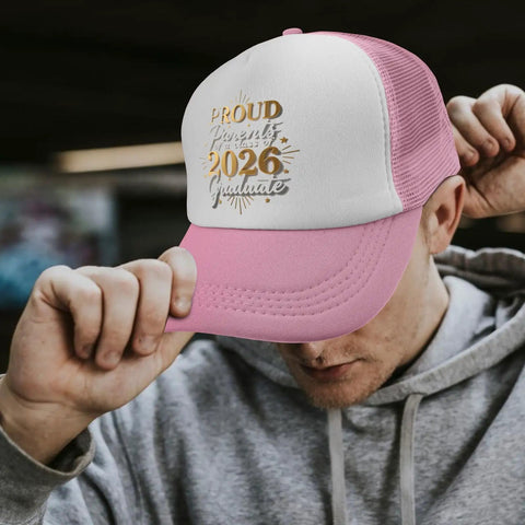 Proud Parent Of A 2026 Grad Womens Lightweight Pink Cap With Adjustable Buckle One Size Fits Most worn by person