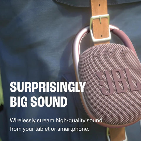 Clip 4 Portable Mini Bluetooth Speaker with Carabiner IP67 Waterproof attached to bag showcasing sound quality features.