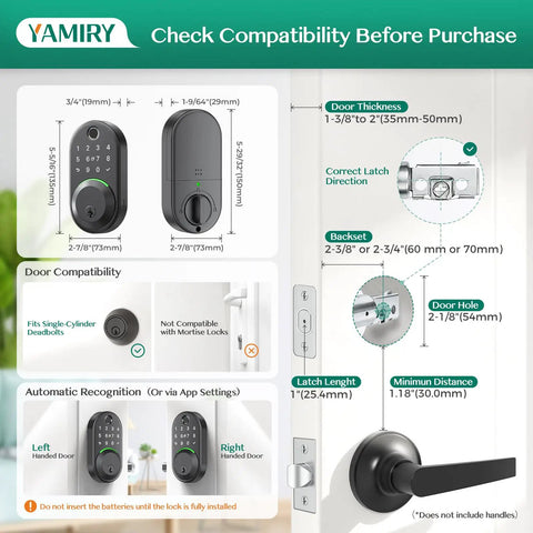 Slick Smart Deadbolt Lock With Keypad And Ai Fingerprint Scanner For Keyless Entry Door specifications image, showing compatibility measures.