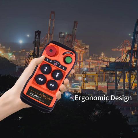 Front view of Q400 industrial crane remote control in bright orange with four black buttons, handheld.