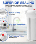 Whole House Water Filter Housing Inline 10 Inch Sediment Filter With 3/4 Inch NPT Inlet Outlet Heavy Duty Steel Mounting Bracket