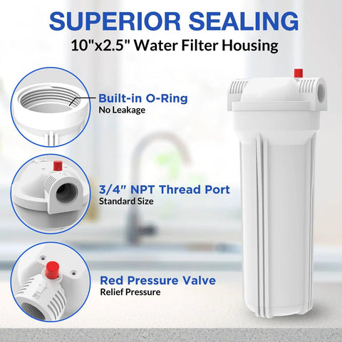 Universal 10 Inch Whole House Water Filter Housing With Heavy Duty Steel Bracket And Three Quarter NPT Fittings For No Sweat Sediment Filtration Drop Right In Home Install Includes Wrench Pack Of Two showing built-in O-ring and pressure valve.