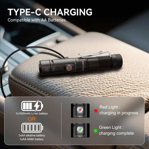 1400 Lumen Right Angle EDC Flashlight Headlamp charging via USB-C on leather surface