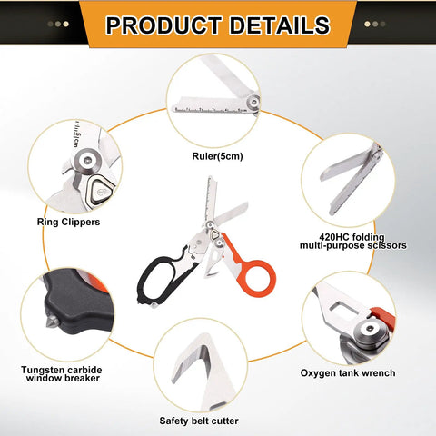 Kickass Tough As Nails 6-In-1 Foldable Trauma Shears With Strap Cutter And Glass Breaker For Emergency And Outdoor Camping Survival Gear With Ruler Oxygen Wrench And Secure Holster In Orange Black showing multi-purpose features and tools.