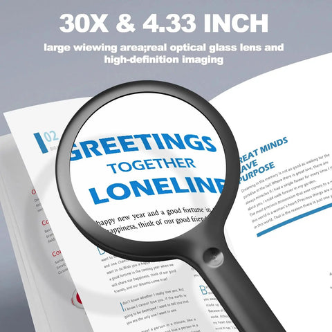 30X Rechargeable Magnifier With Light, 4.33 Inch Large Handheld LED Magnifying Glass highlighting text in a book