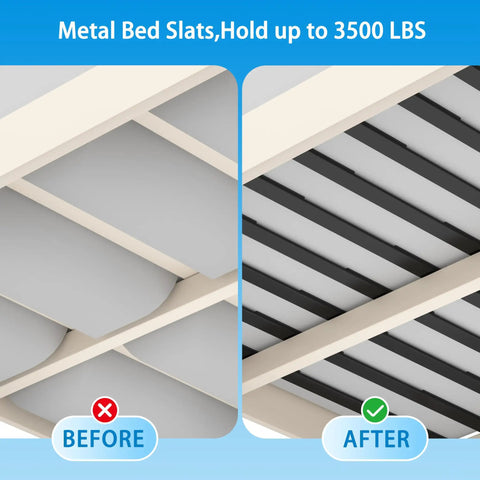 Before and after of Heavy Duty Queen Bed Slats Universal Replacement for Metal or Wood Frames, showcasing strong steel support.