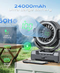 24000mAh Portable Camping Fan With LED Lantern showing battery life and USB-C charging options.