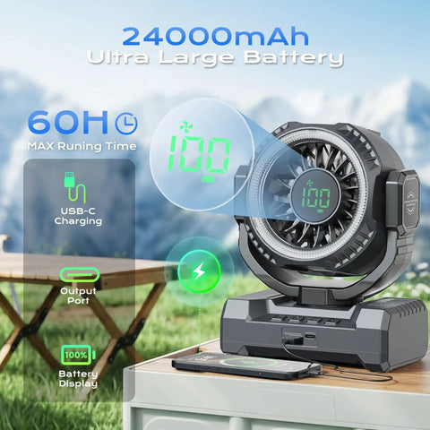 24000mAh Portable Camping Fan With LED Lantern showing battery life and USB-C charging options.