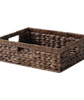 Large Wicker Storage Basket For Shelves And Pantry In Brown Water Hyacinth, 1 Pack, angled view showing woven texture and handles.