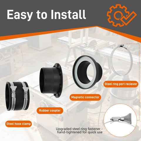 Front view of magnetic dust collection fittings with rubber coupler, steel hose clamps, magnetic connector, and receiver