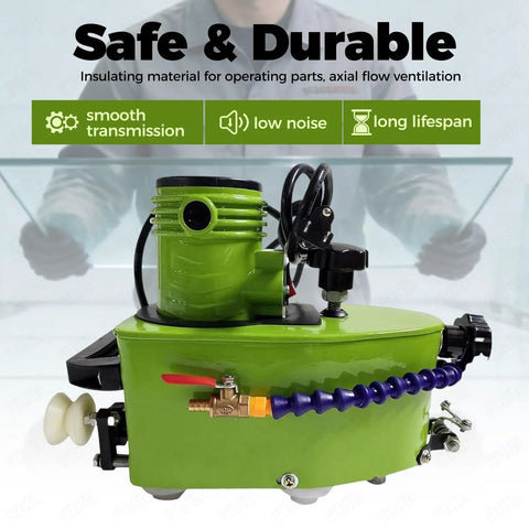 Badass Glass Edge Polisher With Ten Heavy Duty Grinding Wheels For Acrylic Marble Ceramic At 800 Watts And 8000 Rpm side view showing motor and components.