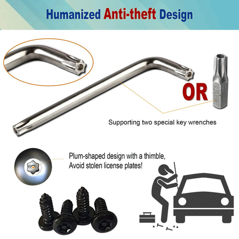 Black Stainless Steel License Plate Screws Kit With Matte Black Caps For Front Bumper Mounting Anti Theft Self Tapping Hardware Heavy Duty Tag Frame Insert Fasteners And Weather Resistant Fasteners showing special key wrenches.