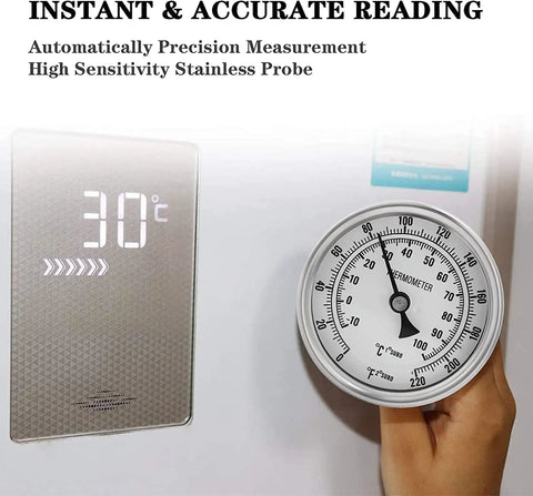 3 Inch Dial Kettle Thermometer With 2 Inch Probe Half NPT Stainless Steel Dual Scale Fahrenheit Celsius For Home Brewing No Fuss Quick Install On Your Brew Pot Food Safe Temperature Gauge shown with 30°C reading