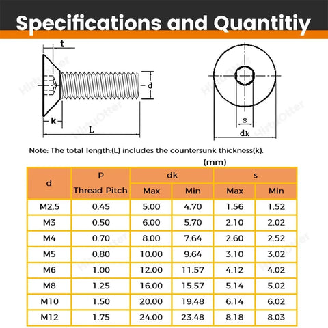 Specifications and quantity chart for Flat Head Socket Cap Screws Set M3 x 8mm, DIN 7991, 304 Stainless Steel.