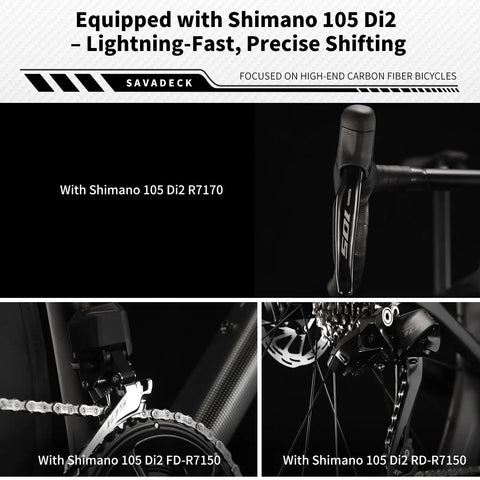 Close-up of Shimano 105 Di2 components on Lightweight Carbon Road Bike With T1000 Reinforced Frame And Carbon Fork And Seat Tube