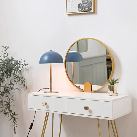 Blue Desk Lamp With Brass Accents, 15 Inch Modern Mushroom Shade, In Line On Off Rocker Switch on white desk with mirror reflection