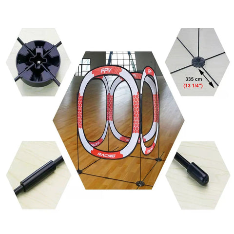 Drone Obstacle Course Kit For Micro Drones, FPV Racing Gates with modular connections and setup details illustrated.