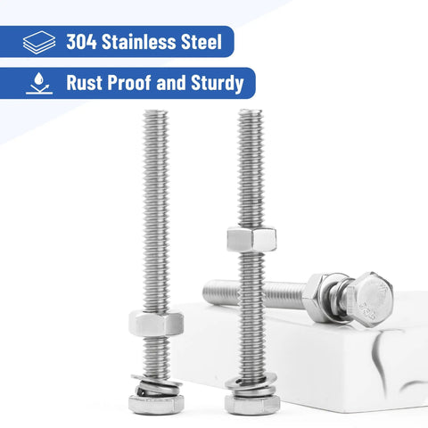 Nuts And Bolts Set 1/4-20 By 2-1/2 Inch Stainless Steel With Hex Nuts And Flat And Lock Washers, 10 Complete Sets, close-up view