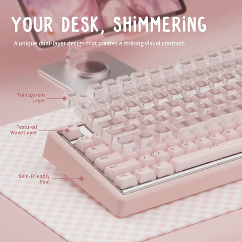 Premium Wireless Mechanical Keyboard With Hot Swap Gasket Mount, Lowkey Gorgeous Pink Shell, transparent and textured design features.