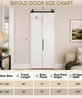 Bifold door size chart featuring dimensions for Slick 36 By 84 Inch Bi Fold Sliding Barn Door With Top Shelf Hardware Kit.