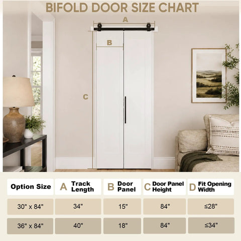 Bifold door size chart featuring dimensions for Slick 36 By 84 Inch Bi Fold Sliding Barn Door With Top Shelf Hardware Kit.