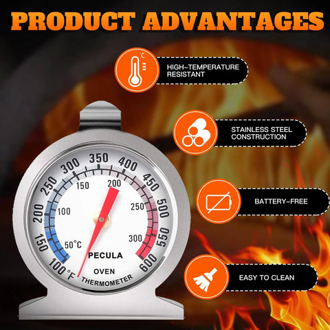 Battery-Free Analog Oven Thermometer With Dual Color Dial For Oven, Grill, Smoker And Fryer, showcasing product advantages.