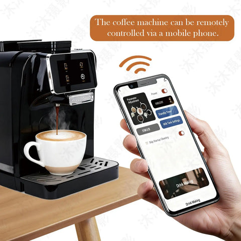 Top Shelf Fully Automatic Espresso Coffee Machine With Built In Milk Cooler And Precision Burr Grinder Featuring A Crisp Touchscreen app control.
