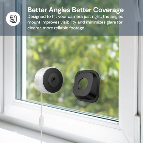 3MP 2K Window Camera With Color Night Vision AI Motion Alerts And Easy Stick On Glass Angled Mount For Home Security Dual Band WiFi 6 2.4GHz And 5GHz Indoor Outdoor Surveillance Quick No Drill Install shown mounted on a window.