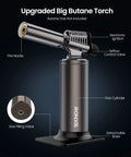Butane Torch Lighter With 25g Gas Capacity Refillable Blow Torch For Soldering Cooking And DIY Projects Large Continuous Adjustable Flame Up To 6 Inches Industrial Grade Gas Not Included, shown in stainless steel with labeled parts.