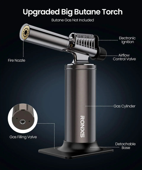 Butane Torch Lighter With 25g Gas Capacity Refillable Blow Torch For Soldering Cooking And DIY Projects Large Continuous Adjustable Flame Up To 6 Inches Industrial Grade Gas Not Included, shown in stainless steel with labeled parts.