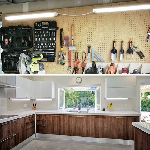 LED Shop Light Two Foot Energy Saving 20W 3000LM 6500K Daylight T8 Tube With Clear Cover Linkable Ceiling Fixture, installed above workbench and kitchen counter