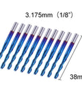 Ten blue-coated flat-nose end mills with 1/8" shank, upcut, 2-flute CNC router bits