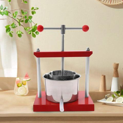 Heavy Duty Manual Fruit Wine Press Built Like A Tank Food Grade Stainless Steel Apple Grape Juicer on kitchen counter.