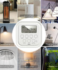 7 Day Heavy Duty Digital Timer with Dual Outlets for Lamps, Lights, Fans; central screen and surrounding appliance images