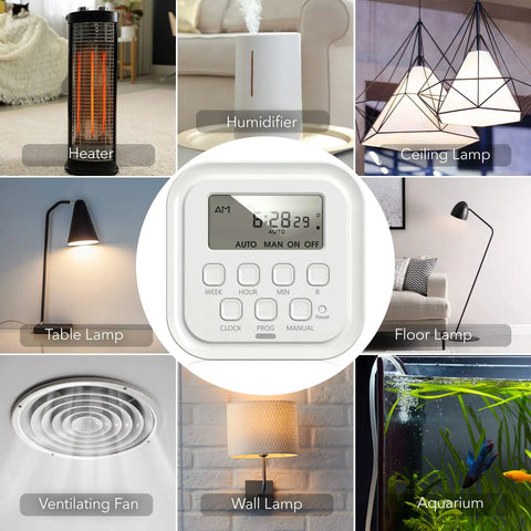 7 Day Heavy Duty Digital Timer with Dual Outlets for Lamps, Lights, Fans; central screen and surrounding appliance images