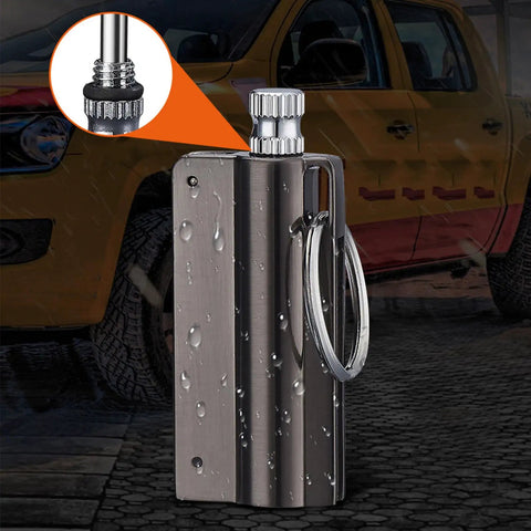 Forever Flint Fire Starter Infinity Lighter Keychain with bottle opener and multitool, shown waterproof outdoors.