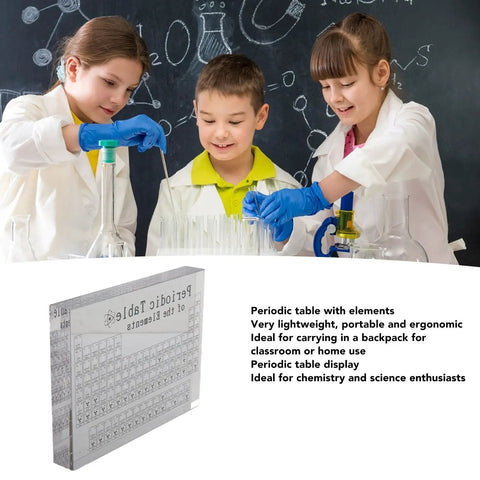 Clear Acrylic Periodic Table With 103 Real Elements Inside Real Chemistry Elements Display For Classroom Teaching shown with students conducting experiments.