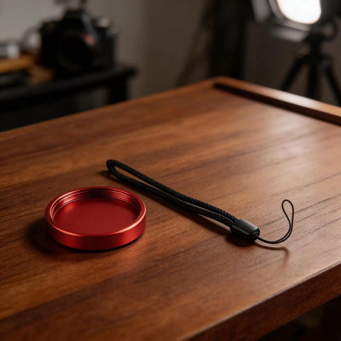 Rugged CNC Anodized Aluminum Telescope Dust Cover with red protective cap and strap on wooden table