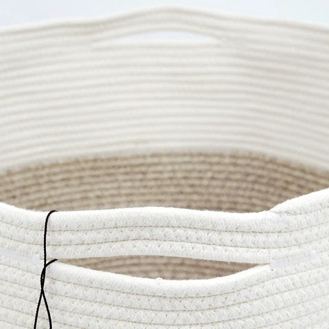 Top view of XXXL Cotton Rope Storage Basket With Handles For Blankets Towels And Pillows, Jumbo Woven Laundry Hamper, White And Brown, 22x22x14 inches