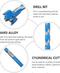 Front view: woodworking drill bit, blue hard-alloy with extended thread and spiral flute; shows cylindrical cutter.
