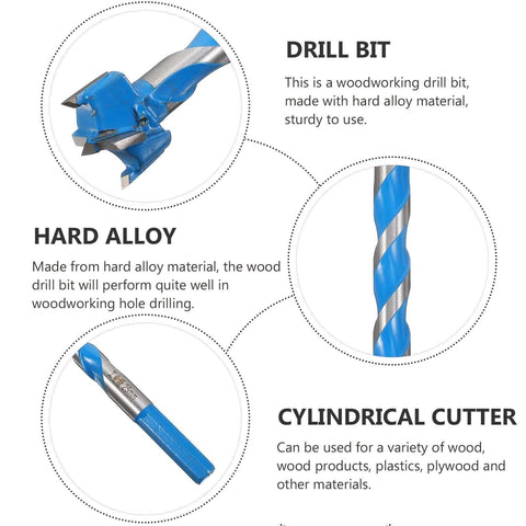 Front view: woodworking drill bit, blue hard-alloy with extended thread and spiral flute; shows cylindrical cutter.