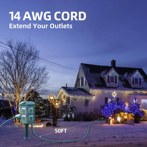 Outdoor Power Stake With A 50 Foot Waterproof Extension Cord Remote Controlled Three Separate Outlet Groups And Six Grounded Outlets For Backyard Garden Patio And Outdoor Decor ETL Listed shown in a yard setup.