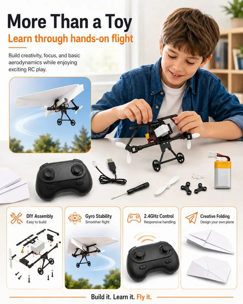 Child assembling DIY Drone Kit With Gyro Stabilizer And Dual Propellers For Electric Remote Control Plane Lightweight Foldable Flying Kit
